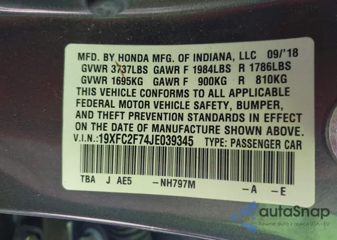 2018 Honda Civic Ex z USA, uszkodzony, nr VIN 19XFC2F74JE039345